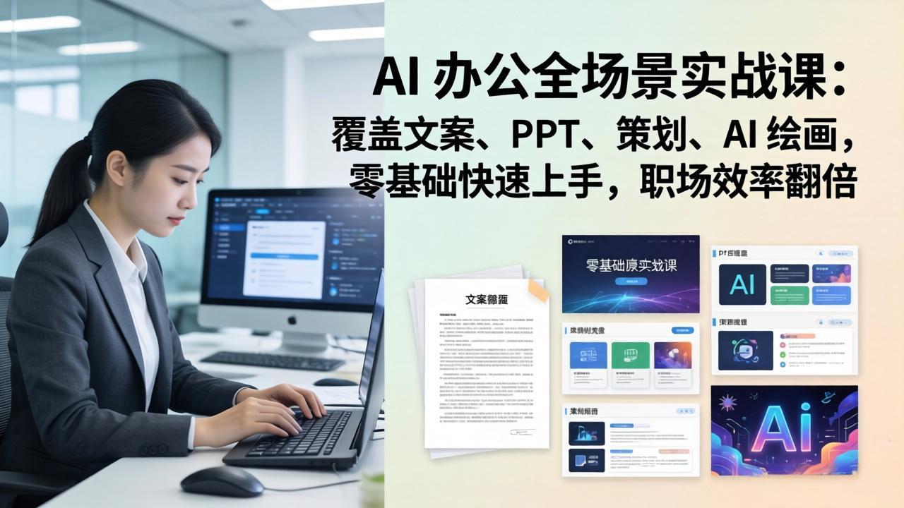 AI 办公全场景实战课：覆盖文案、PPT、策划、AI 绘画，零基础快速上手，职场效率翻倍-福源网创资源站
