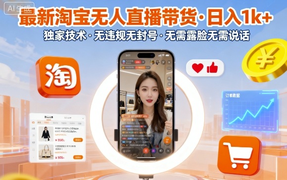 最新淘宝无人直播带货，日入1k+，独家技术，无违规无封号，无需露脸无需说话【揭秘】-福源网创资源站