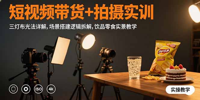 短视频带货+拍摄实训：三灯布光法详解,场景搭建逻辑拆解,饮品零食实景教学-福源网创资源站