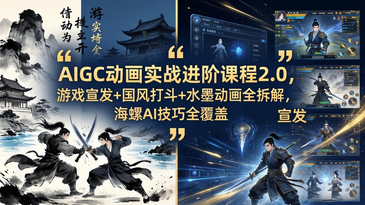 AIGC动画实战进阶课程2.0，游戏宣发+国风打斗+水墨动画全拆解，海螺AI技巧全覆盖-福源网创资源站