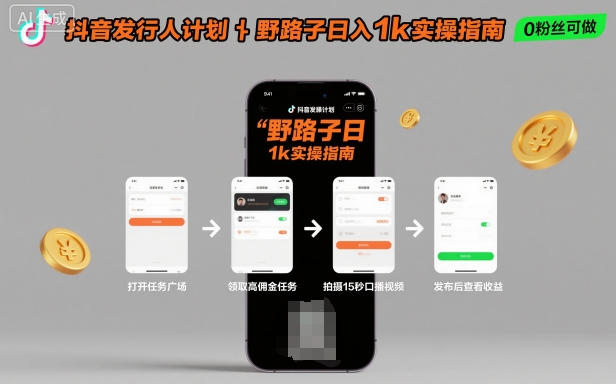 抖音发行人计划全新野路子玩法，随时随地，只要有手机，就能操作，日入1k+【揭秘】-福源网创资源站