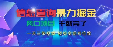 信息查询暴力掘金，一天三条视频，轻松变现四位数，风口项目干就完了【揭秘】-福源网创资源站