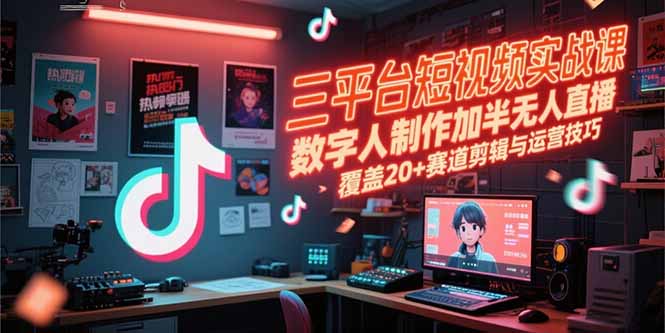 三平台短视频实战课，数字人制作加半无人直播，覆盖20+赛道剪辑与运营技巧-福源网创资源站