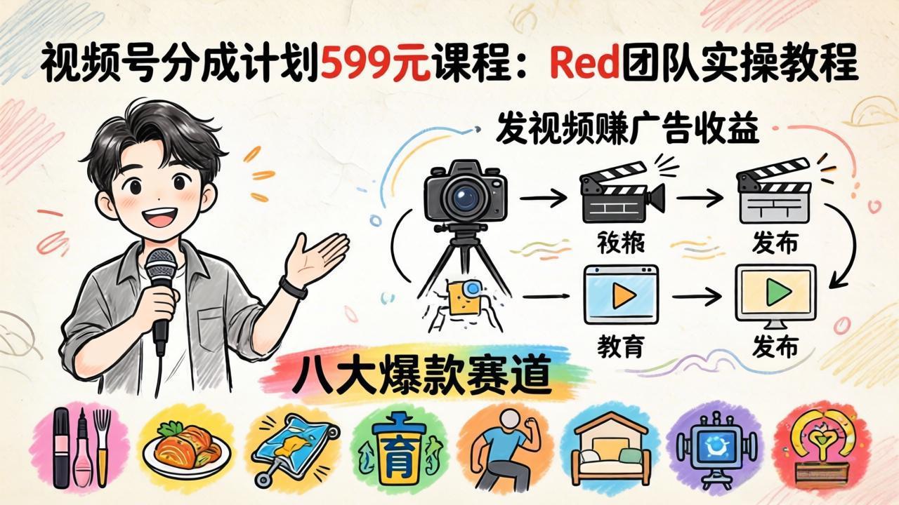 视频号分成计划599元课程：Red团队实操教程，发视频赚广告收益，八大爆款赛道全掌握-福源网创资源站
