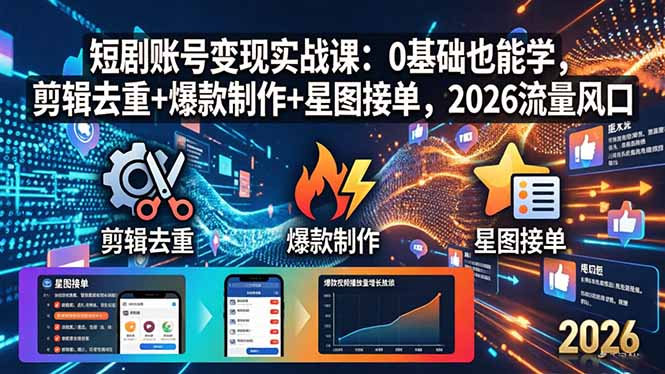 短剧账号变现实战课：0基础也能学，剪辑去重+爆款制作+星图接单，2026流量风口-福源网创资源站