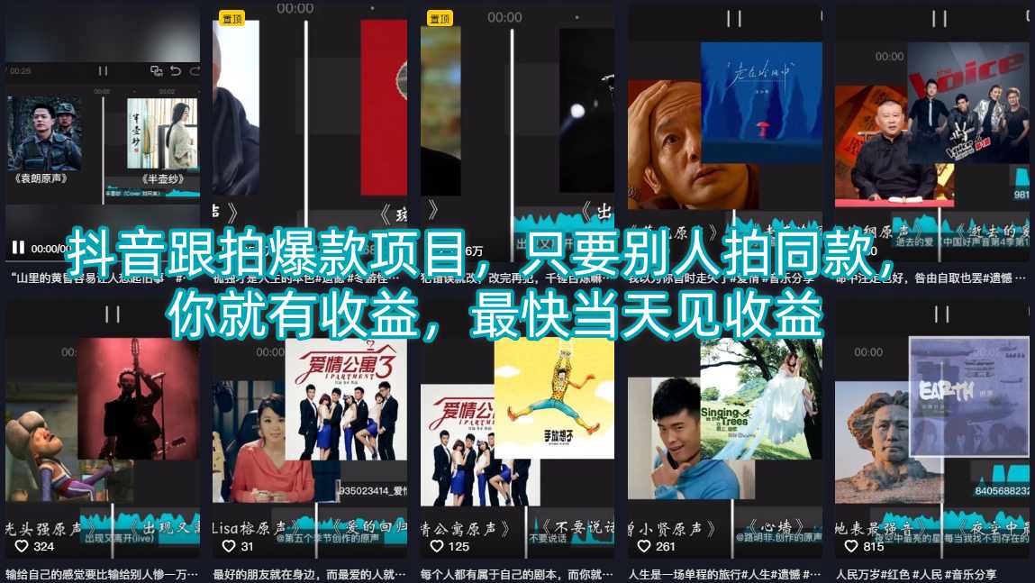 抖音跟拍爆款项目，只要别人拍同款，你就有收益，最快当天见收益-福源网创资源站