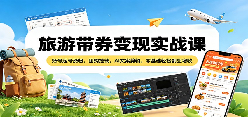 旅游带券变现实战课：账号起号涨粉，团购挂载，AI文案剪辑，零基础轻松副业增收-福源网创资源站