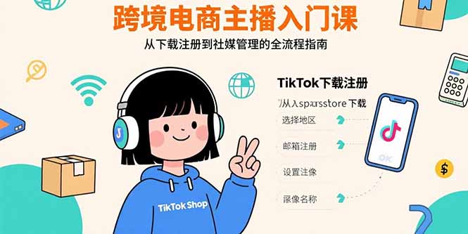 跨境电商主播入门课，TikTok下载注册，支付工具配置，社媒账号管理全流程-福源网创资源站