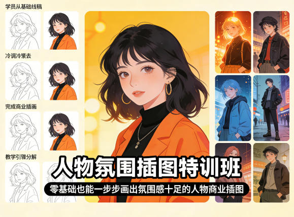 人物氛围插图特训班，零基础也能一步步画出氛围感十足的人物商业插图-福源网创资源站