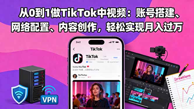 从0到1做TikTok中视频：账号搭建、网络配置、内容创作，轻松实现月入过万-福源网创资源站