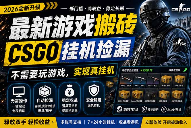 最新游戏搬砖，CSGO纯挂机，不需要玩游戏，实现真挂机，月入1W+，五一小高峰上车可吃肉，…-福源网创资源站