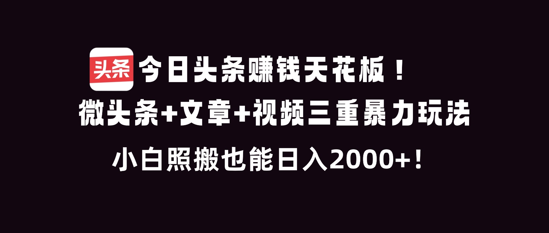 今日头条赚钱天花板！微头条+文章+视频三重暴利玩法，小白照搬也能日人2000+-福源网创资源站