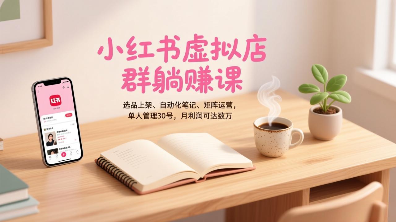 小红书虚拟店群躺赚课，选品上架、自动化笔记、矩阵运营，单人管理30号，月利润可达数万-福源网创资源站