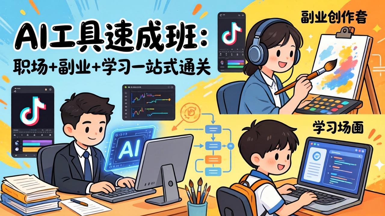 AI工具速成班：职场+副业+学习一站式通关，20+爆款类型+剪映技巧+抖音算法，0基础快速上手-福源网创资源站