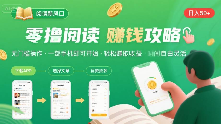 零撸阅读新风口，无门槛轻松挣，一部手机，日入 50-3张【揭秘】-福源网创资源站
