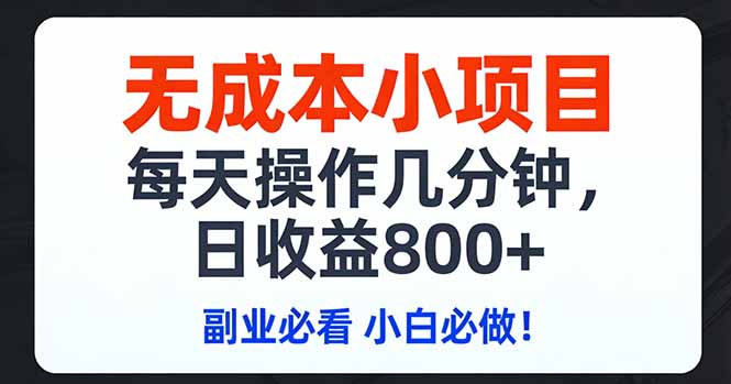 无成本小项目,每天操作几分钟,日收益800+ 副业必看 小白必做！-福源网创资源站