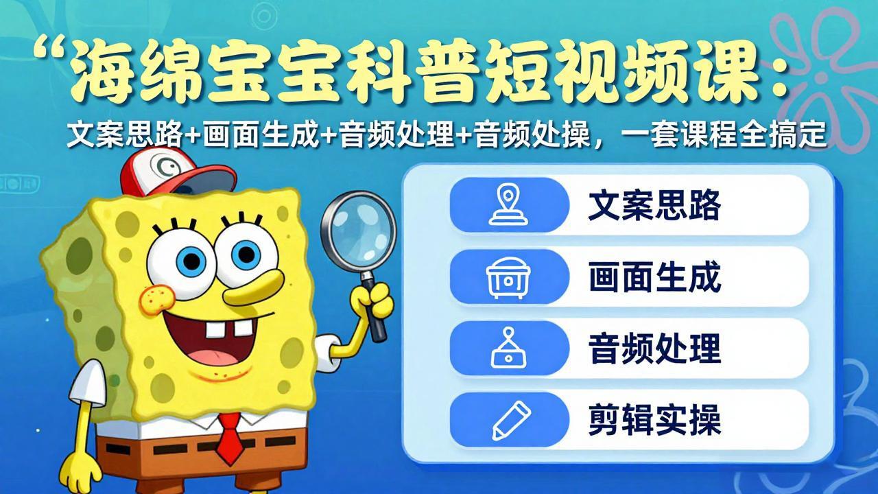 海绵宝宝科普短视频课：文案思路+画面生成+音频处理+剪辑实操，一套课程全搞定-福源网创资源站