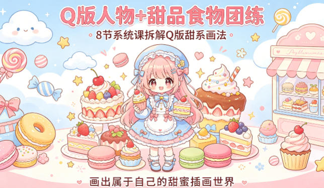 Q版人物+甜品食物团练，8节系统课拆解Q版甜系画法，画出属于自己的甜蜜插画世界-福源网创资源站