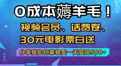 0成本薅羊毛!视频会员、话费卷、30元电影票白送，分享我如何靠转卖一天变现5张+【揭秘】-福源网创资源站