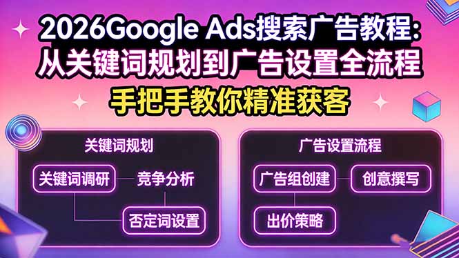 2026Google Ads搜索广告教程：从关键词规划到广告设置全流程，手把手教你精准获客-福源网创资源站