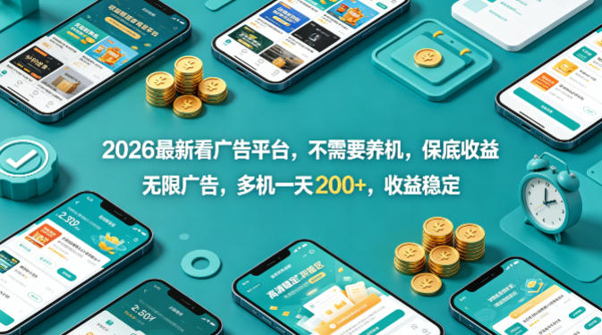 2026最新看广告平台，不需要养机，保底收益，无限广告，多机一天200+，收益稳定【揭秘】-福源网创资源站