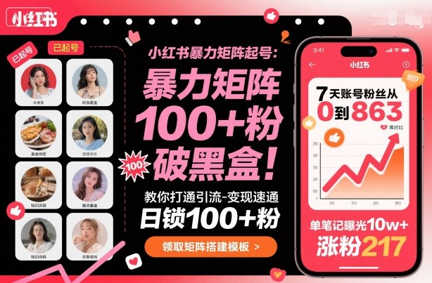 小红书暴力矩阵起号，教你打通引流-变现速通，日锁100+粉，破流量黑盒-福源网创资源站