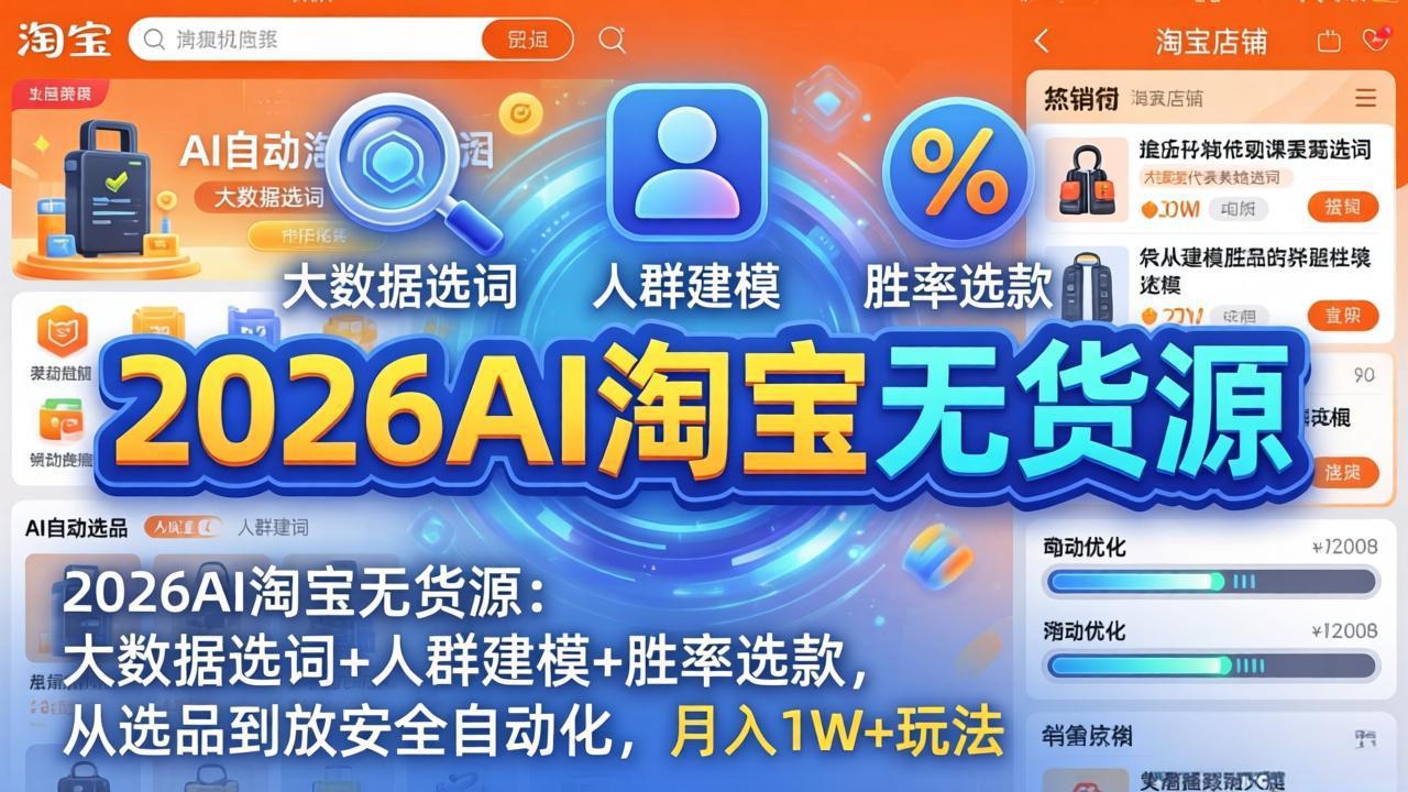 2026AI淘宝无货源：大数据选词+人群建模+胜率选款，从选品到放大全自动化，月入1W+玩法-福源网创资源站