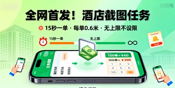 全网首发！酒店截图任务，15秒一单，每单0.6米，任务无上限不设限，矩阵操作单日3张到手【揭秘】-福源网创资源站