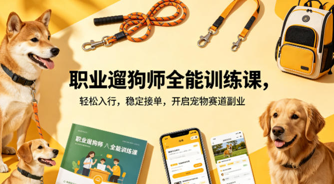 职业遛狗师全能训练课，轻松入行，稳定接单，开启宠物赛道副业-福源网创资源站