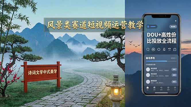 风景类赛道短视频运营教学：诗词文学中式美学，新号养号对标账号定位，DOU+高性价比投放全流程-福源网创资源站