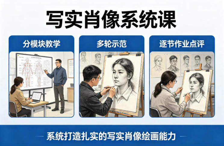 写实肖像系统课,全程分模块教学+多轮示范+逐节作业点评,系统打造扎实的写实肖像绘画能力-福源网创资源站