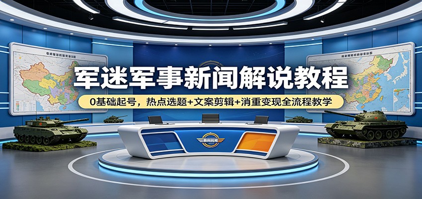 军迷军事新闻解说教程：0基础起号，热点选题+文案剪辑+消重变现全流程教学-福源网创资源站