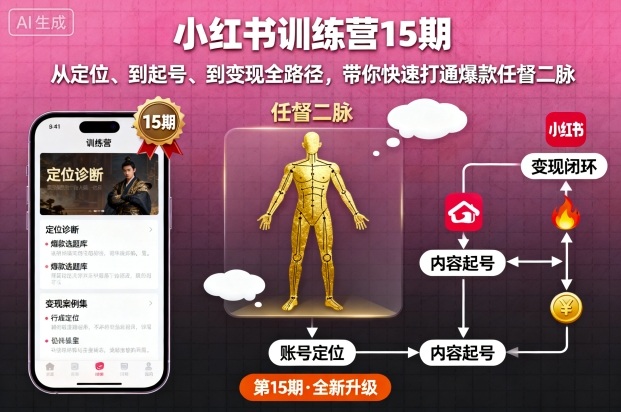 小红书训练营15期，从定位、到起号、到变现全路径，带你快速打通爆款任督二脉-福源网创资源站